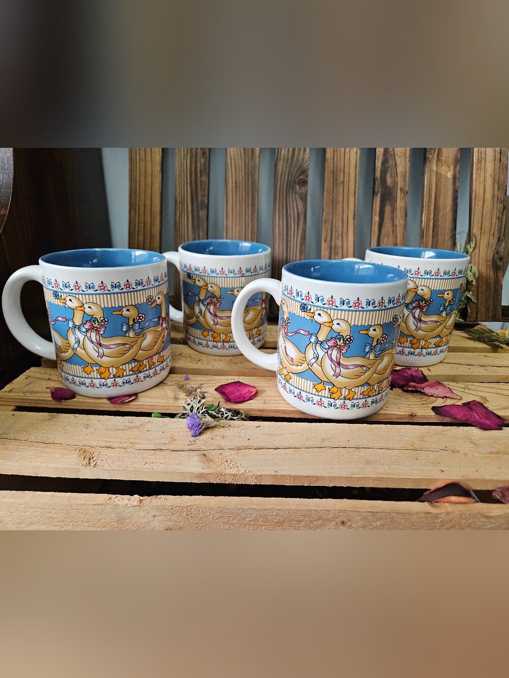 Vintage 1980s Treasure Craft "Ribbon Geese" Mugs